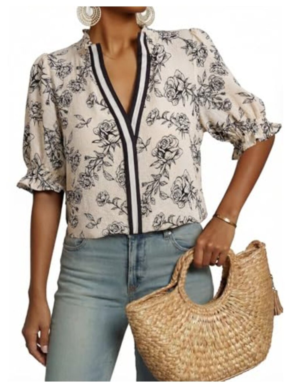 Womens Boho Floral Print V Neck Puff Sleeve Blouse Peasant Top Dressy Casual